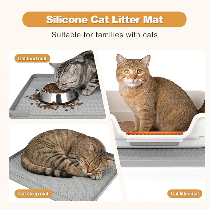 Cat Litter Mat, 24''x20'' Waterproof Silicone Litter Trapping Mat for Litter Box, Soft on Kitty Paws Non-Slip & Easy to Clean (Light Grey)