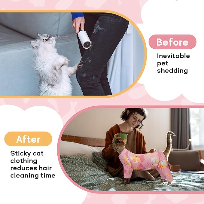 PUMYPOREITY Cat Hair Sticky Sweater, Stretchy 4-Leg Design for Fur Control, Recovery Suit - Breathable & Lightweight for Post-Surgery Protection, Cat Onsie Prevents Licking Wounds, Pink, 2XL