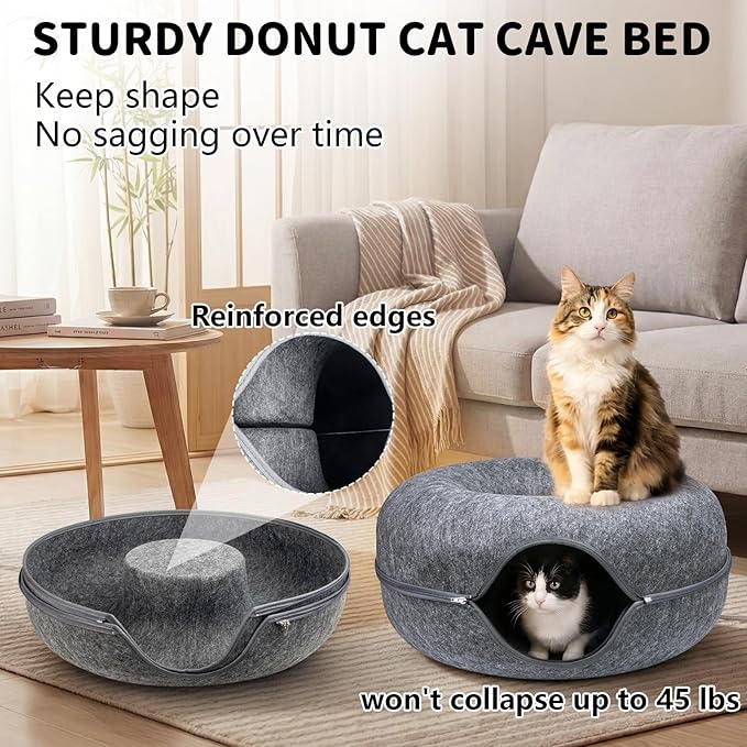 Cat Cave Bed Tunnel Donut 2 Pack– Peekaboo Felt Hideaway for Indoor Large Cats up to 45 lb – Detachable Washable Scratch-Resistant – Multi-Cat & Kittens, Dark Grey/Grey