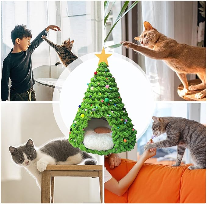 Cat Christmas Tree Bed - Fun Tent Cave House, Kitten Bed Furniture Set with Plush Comfortable Material, and Pet Hideaway for Cats, Dogs, Indoor & Outdoor Use, Family, Friends, Pet Enthusi