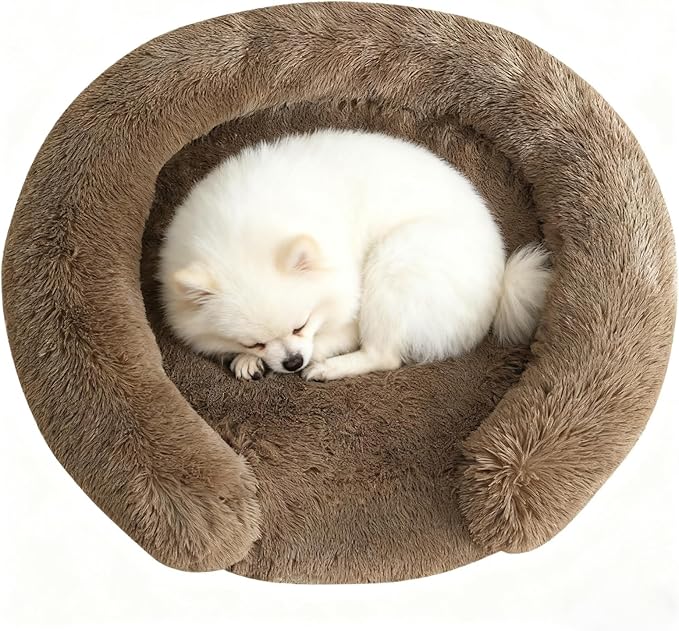 Calming Dog & Cat Beds with Orthopedic Egg-Crate Foam Raised Rim, Soft Fluffy Faux Fur Pet Bed for Small Medium Dogs, Anxiety Relief Spine Support, Machine Washable Cover (Round, Coffee 20")