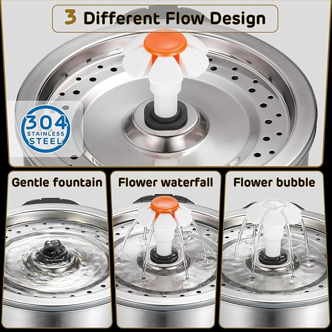 iPettie Cat Water Fountain Stainless Steel, 84oz/2.5L, 4-Stage Filtration, Ultra Quiet Metal Cat Water Fountain with LED Light & Filter for Pet, Kitty & Dog