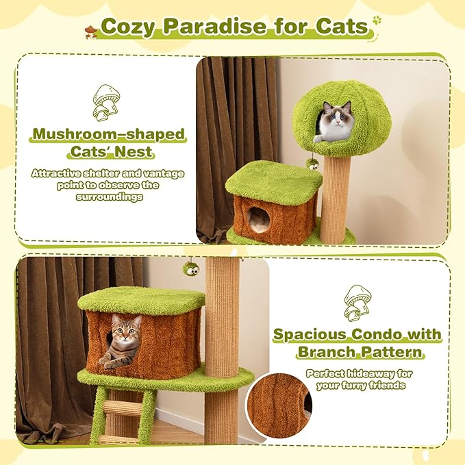 PETSITE 56-inch Forest-Themed Cat Tree, Multi-Level Cat Tower with 2 Cute Condos, Climbing Ladder, Teasing Ball, Sisal Posts, and Removable Cushion, Modern Cute Cat Tree for Indoor Cats