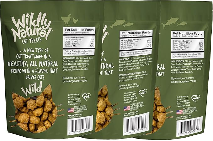 Fruitables Wildly Natural Cat Treat Variety Pack with Chicken, Tuna and Salmon, 3 Pack, (1) 2.5 Ounce Bag of Each Flavor