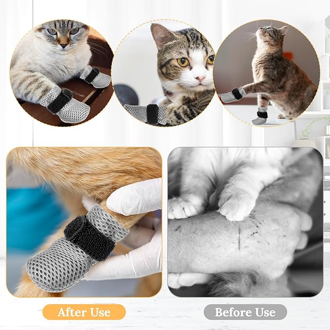 4 Pcs Cat Boots Anti Scratch Mittens Gloves Adjustable Cat Claw Protectors Foot Covers Mesh Breathable Cats Shoes to Prevent Scratching for Pet Bathing Feeding Cutting Nail Trimming