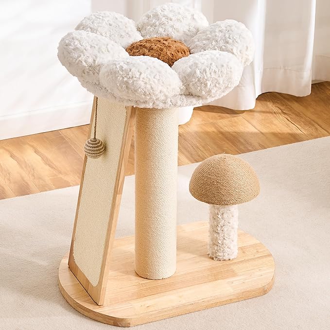 HITTITE Solid Wood Cat Tree Tower, Cat Scratching Post with Bed, 27" Small Flower Cat Tree, Compact Cat Tower with Scratching Pad and Cat Bed, Mushroom Modern Cat Tower for Indoor Cats Large Adult.