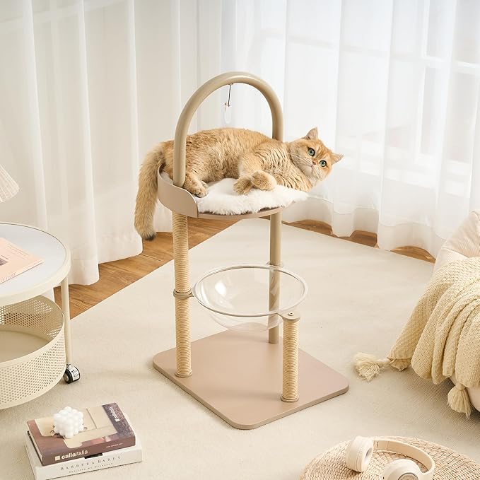 Modern Cat Tree, Wood Cat Tower with Steel Frame, Scratching Posts, Cat Capsule, Plush Mat, Bell Dangling Toy, Aesthetic Minimalist Heavy-Duty Cat Climbing Tree for Large Indoor Adult Cats-Khaki