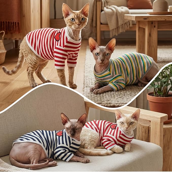 DENTRUN Hairless Cats Shirt Breathable Cat Daily Wear Clothes Stripe Vest Adorable Pajamas Jumpsuit Soft & Skin-Friendly
