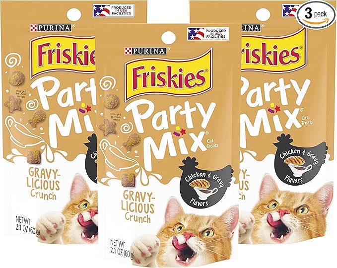 Purina Friskies Party Mix Cat Treats, Gravy-Licious Crunch with Chicken & Gravy Flavors, Crunchy Treats for Cats, 2.1 Ounce Resealable Pouch (Pack of 3)
