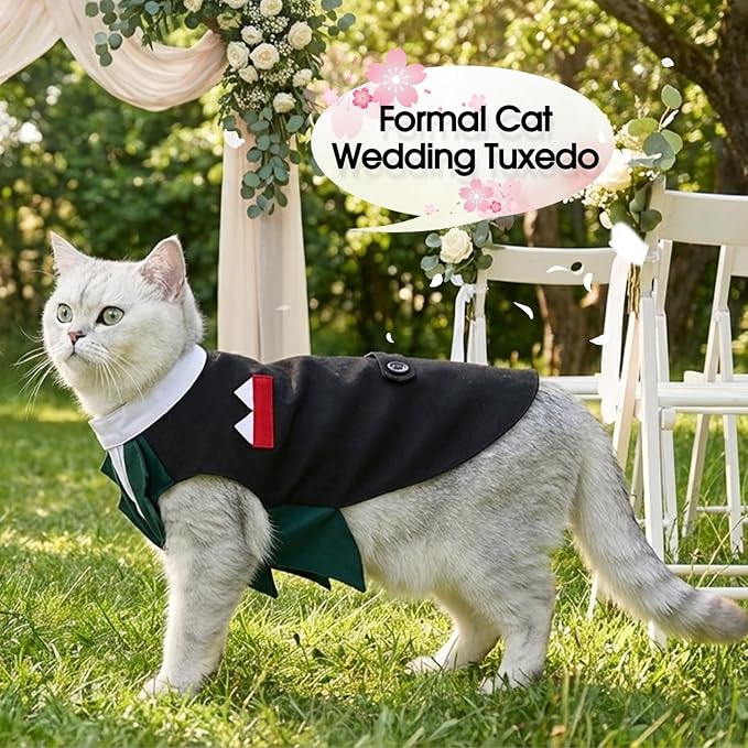 DENTRUN Cat Tuxedo Outfit Formal Suit with Shirt, Fancy Pet Tuxedo Vest for Hairless & Furry Cats, Kitten Wedding Attire Birthday Party Costume Clothes for Cats Only, XS-XXL