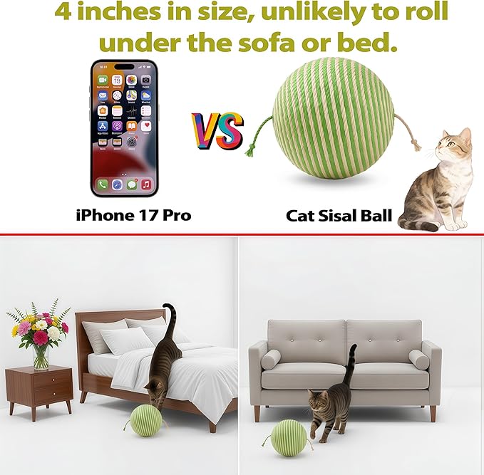 4-inch cat Toy Balls, Indoor cat Toys, sisal cat Balls for Cats to Grind Teeth, Sharpen Claws, Play, and Make Sounds When Gently Shaken to Attract Cats' Attention (Green)