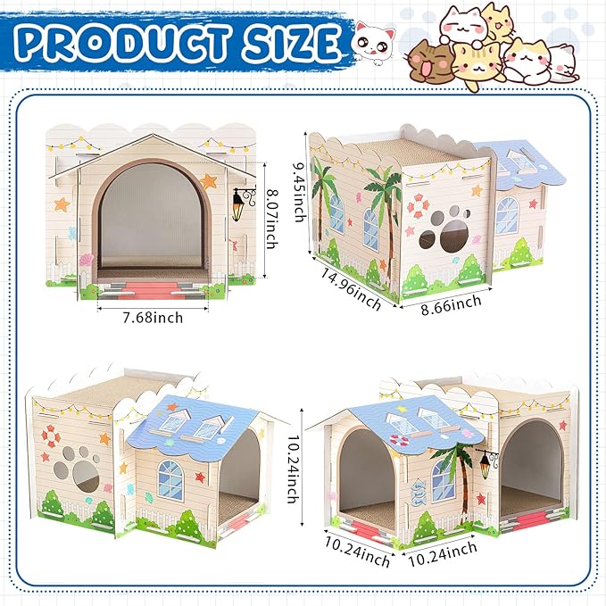 Lineshading 2 Story Cardboard Cat House with Scratcher Pad, Multi Level Durable Cat Scratcher House for Small Kitten Bunny Rabbit Animals Christmas Birthday Gift(17x12x10,Beach)