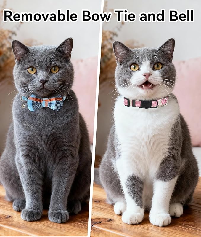 Joytale Upgraded Cat Collar with Bells, Breakaway Cat Collars with Bow Tie, 2 Pack Girl Boy Safety Plaid Kitten Collars, Haze Blue+Pink