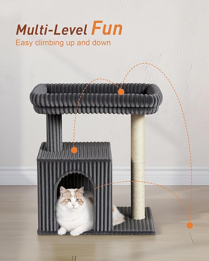 Cat Tree for Large Cat, 20.9 * 15.7in Large Perch Bed for Adult Cats, 22.8in Cat Tower with Scratching Post, Cat Condo with 2-Door for Indoor Cats, Dark Gray