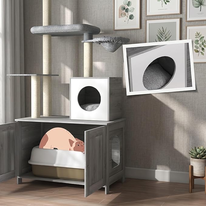 PawHut Cat Tree with Litter Box Enclosure, 2 in 1 Floor to Ceiling Cat Tower Furniture for Indoor Use, Includes Condo, Bed, Hammock, Scratching Posts, and Multiple Platforms, Gray