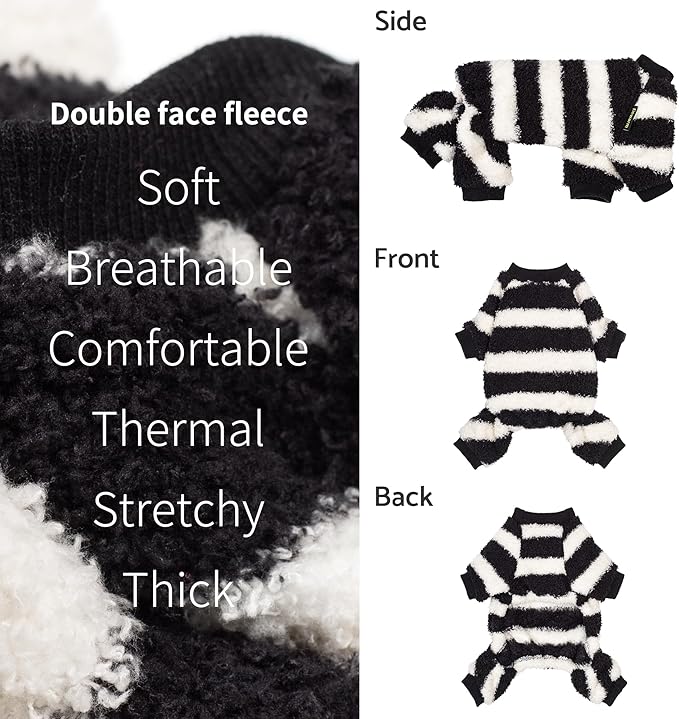Fitwarm Fuzzy Striped Dog Pajamas, Winter Clothes for Small Dogs Girl Boy, Fleece Dog Onesie, Soft Pet PJS, Doggy Apparel, Black, White, Small