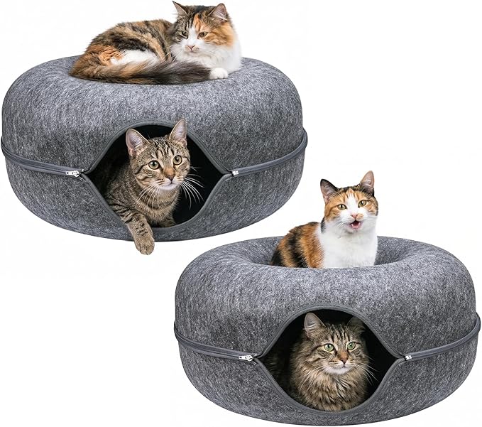Cat Cave Bed Tunnel Donut 2 Pack– Peekaboo Felt Hideaway for Indoor Large Cats up to 45 lb – Detachable Washable Scratch-Resistant – Multi-Cat & Kittens, Dark Grey
