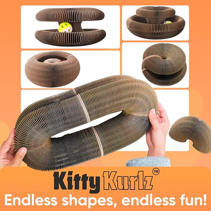 KITTY KURLZ Interactive Cat Toy & Cardboard Cat Scratcher, Collapsible Ball Track with Bell, Reversible Scratch Ring for Play, Chase and Lounge