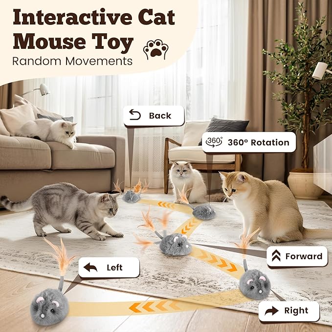 Pawingcat Moving Cat Toy Squeaky Cat Mouse Toy Automatic Interactive Cat Toys for Indoor Cats Mouse Toys for Cats with Wagging Tail