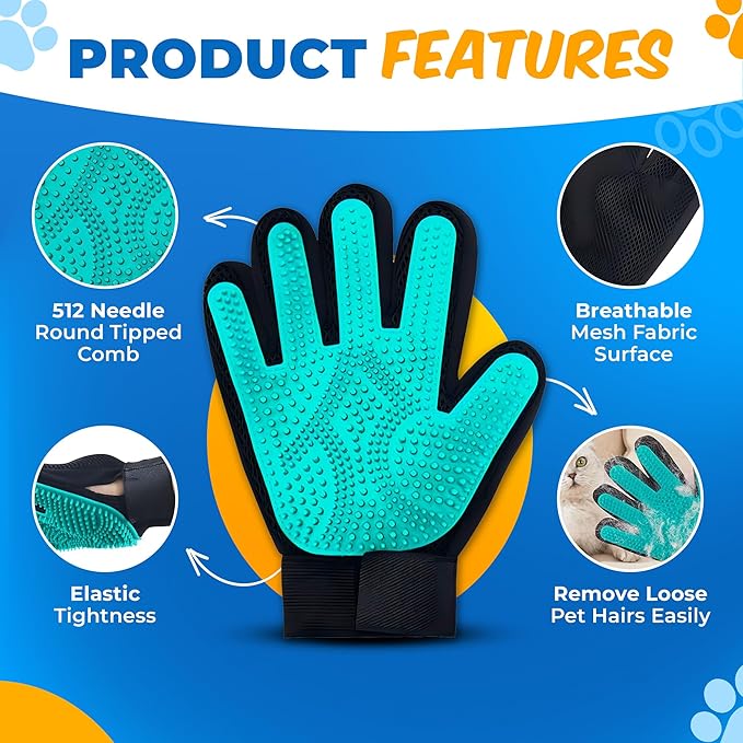 Pet Hair Removal Glove for Dogs & Cats – Dog Grooming Gloves for Shedding, Pet Hair Remover Glove – Pet Grooming Gloves, Cat Grooming Gloves & Cat Brush Glove (Glove + Finger Toothbrush Kit)