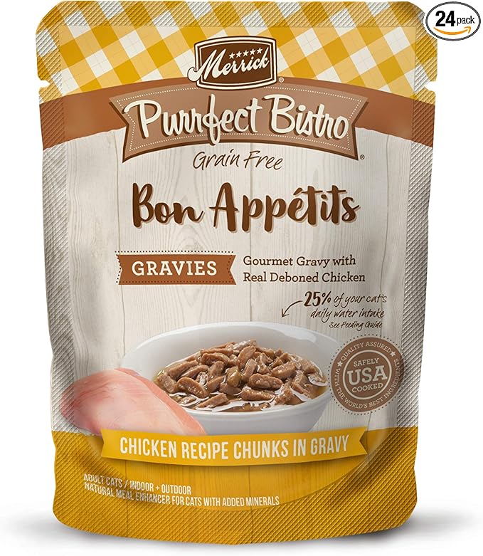 Merrick Purrfect Bistro Bon Appetits Premium Grain Free Wet Cat Food Topper, Chicken Recipe Chunks In Gravy - (Pack of 24) 3 oz. Pouches