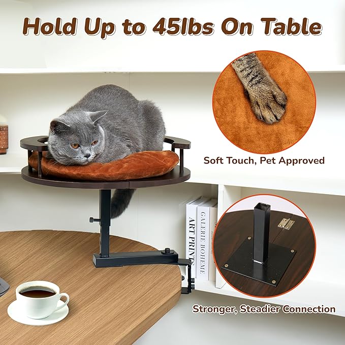 Up to 45LBS Cat Desk Bed - 360° Rotation & Adjustable Height, Pet Perch for Desks with Washable Cushion, Desk Cat Bed Attachment for Various Tables (Wood_Brown Cushion)