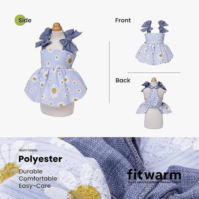 Fitwarm Daisy Dog Dress, Elegant Summer Clothes for Small Dogs Girl, Lightweight Pet Clothes, Blue, White, Small