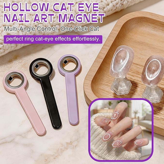 3 Pcs New Ring-Shaped Cat Eye Magnet for Nails, Portable Hollow Circular Cat Eye, 2-in-1 Circle and Y Shape Nail Magnet Tool, Strong Nail Tool, Home DIY, Beginners and Nails Artists