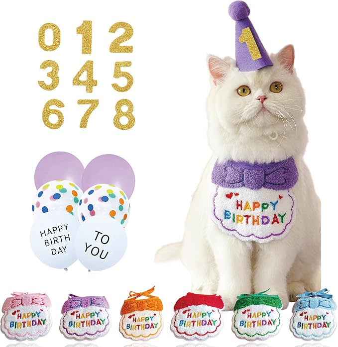 Reusable Cat Birthday Decorations Set - Adjustable Cat Birthday Hat & Bandana with Age Numbers | Kitty Celebration Kit for Memorable Milestones（Purple）