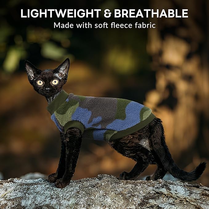 PUMYPOREITY Winter Warm Cat Sweater - Super Soft & Elastic Knit with Plush Fleece, Easy-On Design with Ribbed Neck & Cuffs, Stretchy Cat Outfit for Indoor/Outdoor Use,Green, L