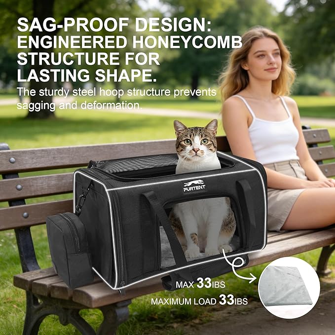 Soft Sided Cat Carrier Airline Approved up to 15lbs, 17x11x9.5 Inch Ventilated Pet Travel Bag with Foldable Litter Box & Storage, Portable Cat Transport Carrier for Flights Car Vet Black