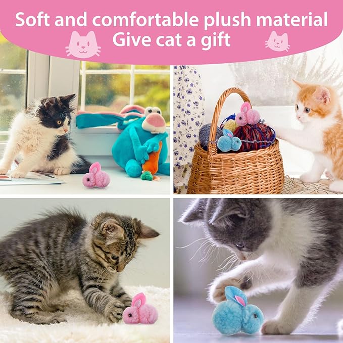 Amaxiu 10Pcs Plush Toy Balls, Cute Bunny Shape Kitten Pompom Soft 5.5cm/2.16in Puff Ball Indoor Fun Colorful Cat Ball Toy Pom Pom Balls for Pet