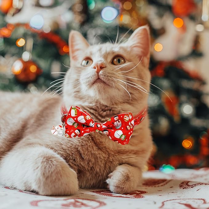 Mieemiu 2 Pack Christmas Cat Collar with Bow Tie, Adjustable Breakaway Collar with Bell for Cats and Kittens, Santa Claus and Red Snowman Holiday Design