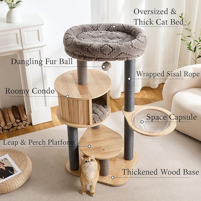 797Audio Wood Modern Cat Tree, 48" Cat Tower with Sisal Scratching Posts, Cat Condo, Capsule and Bed, Solid Wooden Aesthetic Multi-Level Cat Climbing Tree for Large Adult Indoor Maine Coon Cats-Gray