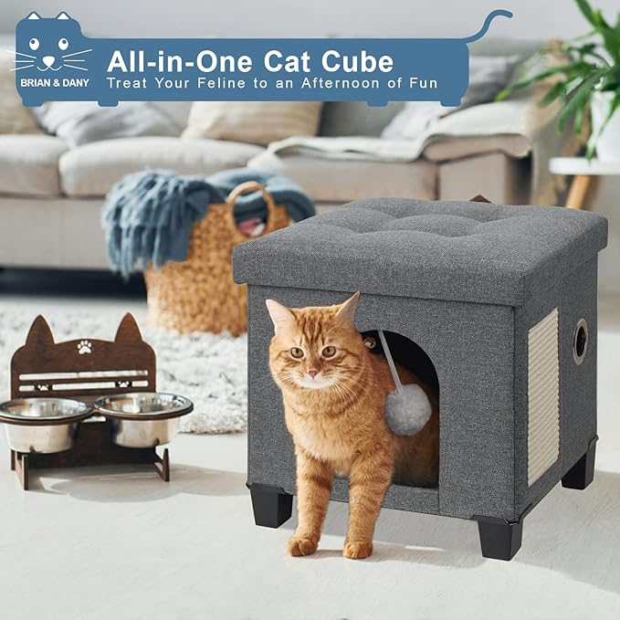 BRIAN & DANY Cat Beds for Indoor Cats,Cat Cave House for Kitten with Scratch Board & Ball, 14.7” x 12.7” x 14.1”, Gray
