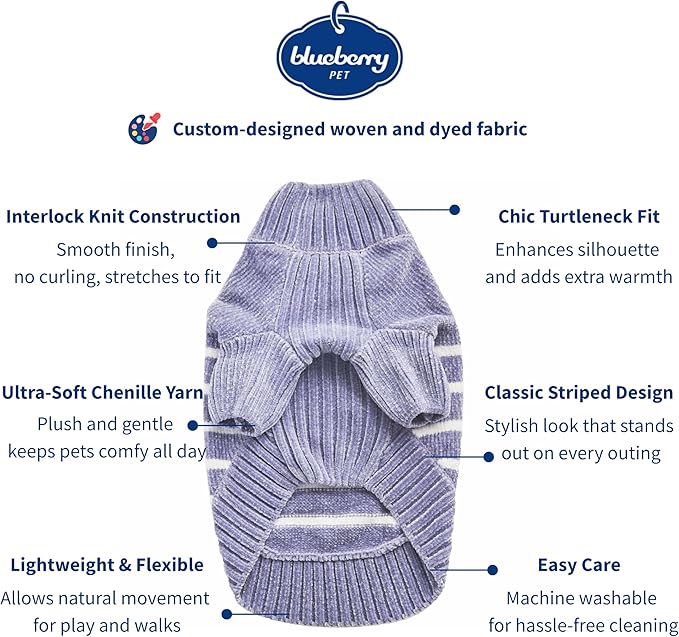 Blueberry Pet Cozy Soft Chenille Classy Striped Dog Sweater in Stonewash Blue, Back Length 12", Pack of 1 Clothes for Dogs