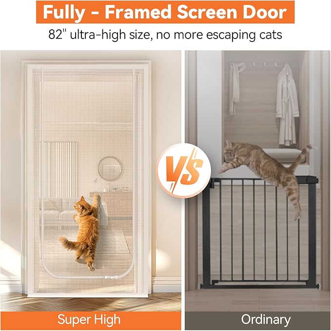 BFNN Cat Screen Door, Extra Tall Cat-Proof Mesh Gate, Fit Door Size 32'' x 80'', Anti Scratch Mesh with Zipper Closure, for Living Room, Kitchen, Bedroom (White, U-Shaped)