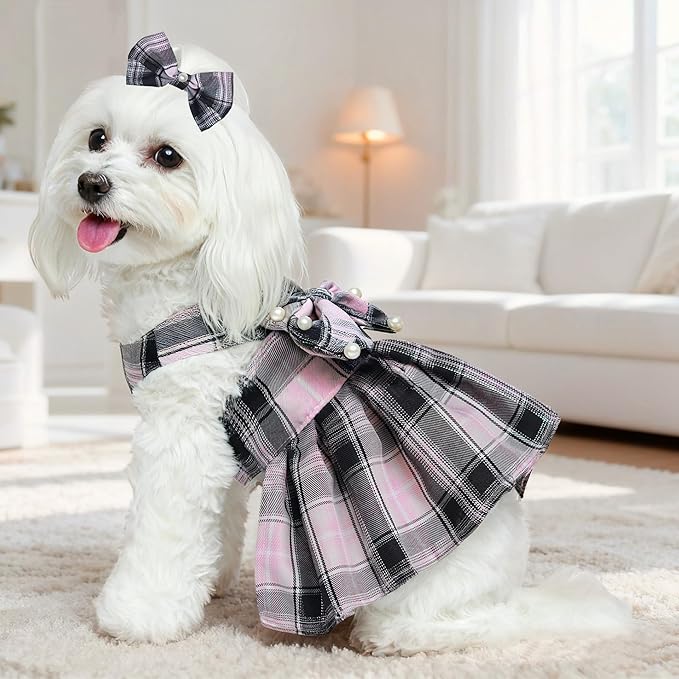 Dog Dress Bowknot Harness Leash Set for Small Dogs Girl Cute Plaid Dog Dress Pearls Bow Tie Spring Summer Princess Clothes Birthday Holiday Doggie Outfits for Puppy Cats Girl (Lake Blue, Large)