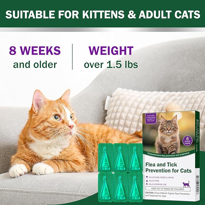 Flea and Tick Prevention for Cats, Weighting Over 1.5 lbs, Cat Flea and Tick, Fast Acting, 6-Month Supply, Supplement