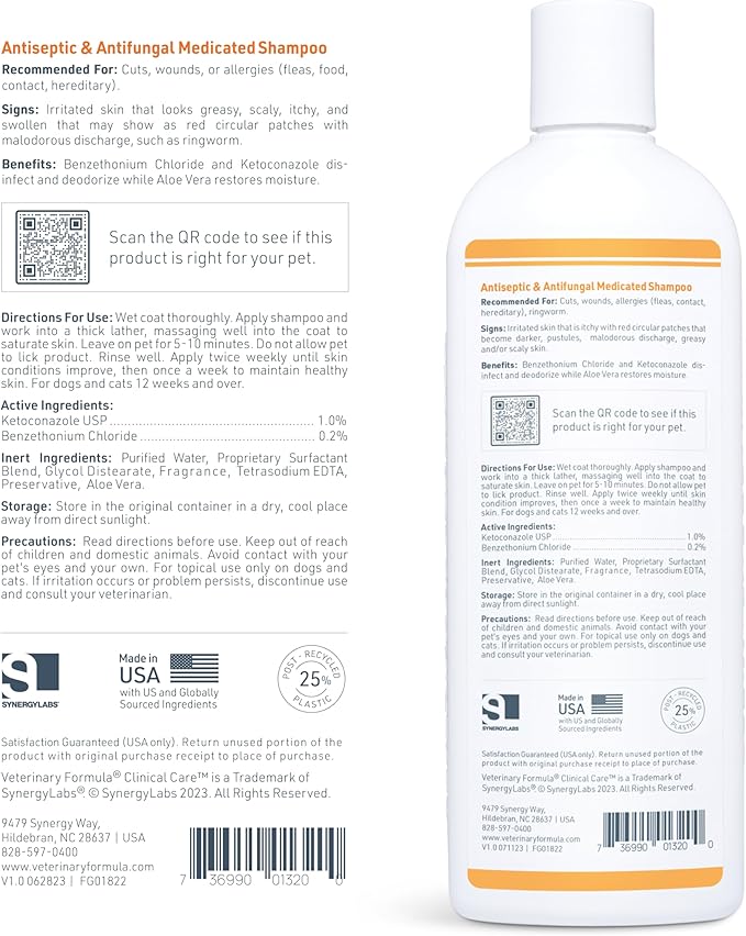 Veterinary Formula Clinical Care Antiseptic and Antifungal Medicated Shampoo for Dogs & Cats, 16 Fl Oz – Helps Alleviate Scaly, Greasy, red Skin – Paraben, Dye, Soap-Free (1 Pack)