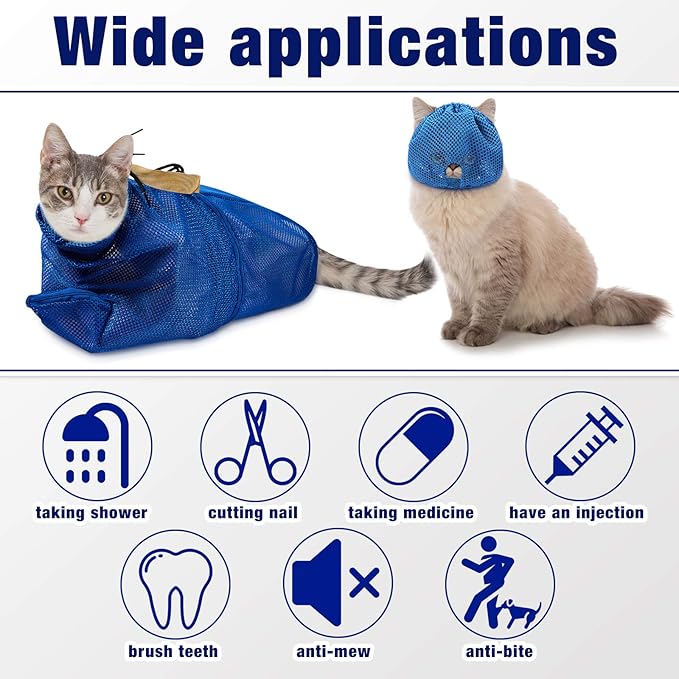 2 Pieces Cat Grooming Washer Mesh Bag Cat Muzzles Breathable Mesh Muzzles Adjustable Kitten Scratch Resistant Kitty Restraint Clothes Kitty Bath Bag for Bathing Nail Trimming Feeding(Blue)