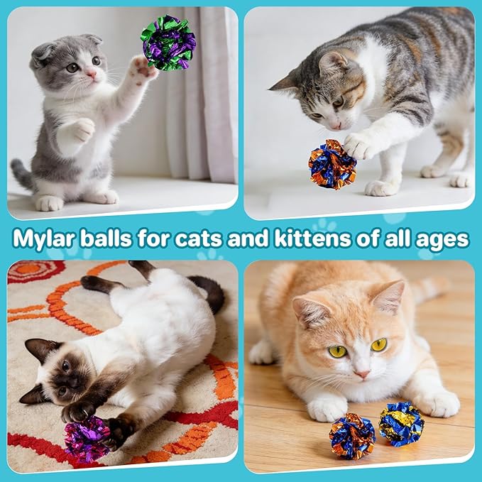 Multicolor Crinkle Balls for Cats – 10 Pcs RAINFLOW Durable Bulk Mylar Cat Crinkle Toy Balls Indoor Cat Toy Ball Stress-Relief for Kittens, Adult Cats, Multi-Cat Homes Indoor Play,Loud & Crunchy