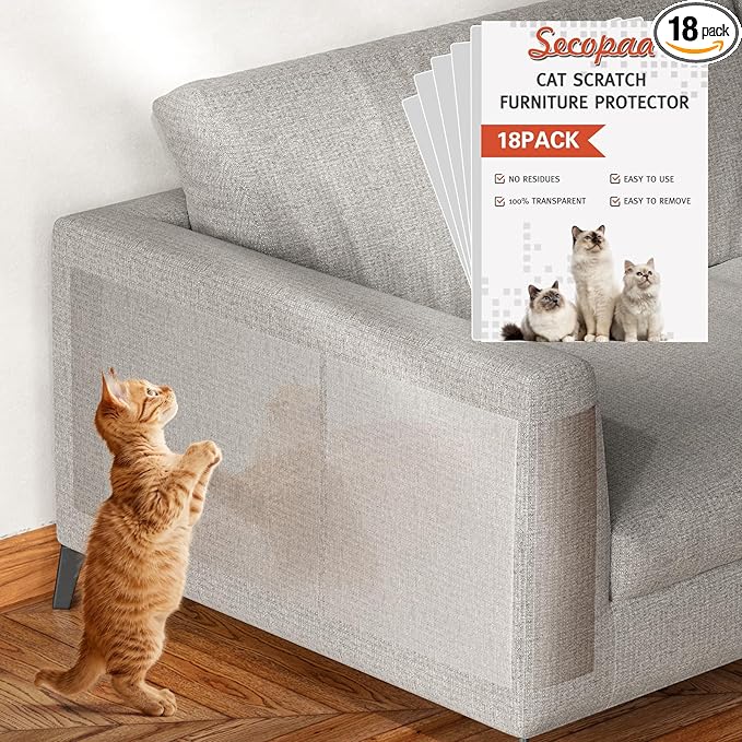 Secopad 18 PCS Large Cat Scratch Furniture Protector, Transparent Couch Protector from Cat Claws, Single-Sided Self Adhesive Anti Pet Deterrent Sofa Cover, 17IN