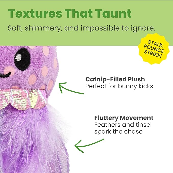 Catstages Glow N' Pounce Octopus Kicker Cat Toy with Catnip, Glows in the Dark, Loop for Wand Attachment