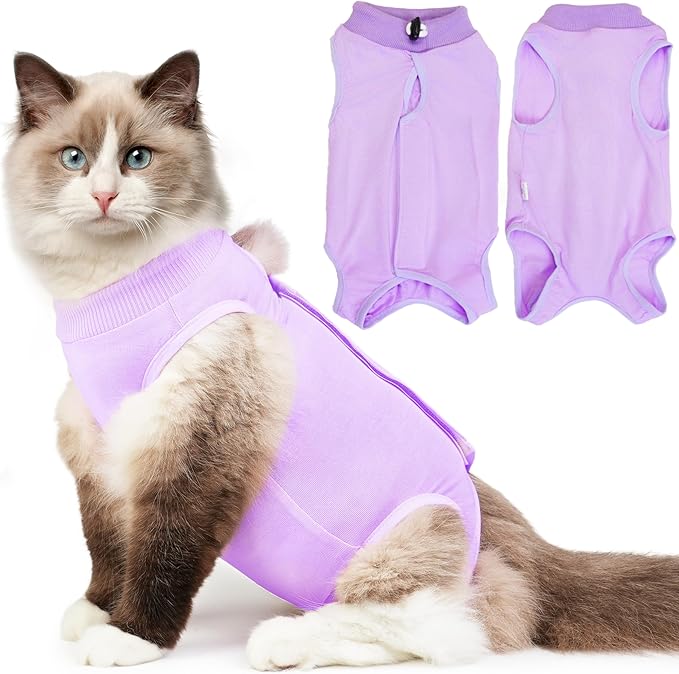 Hpetppy Cat Recovery Suit for Spay Abdominal Wound, Breathable Kitten Onesie for Cats After Surgery, Anti Licking Cat Cone Alternative, Pet Surgery Recovery Shirt-Purple(L)