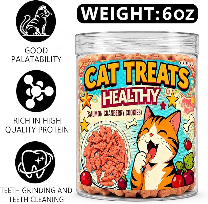 Salmon & Cranberry Cat Treats with D-Mannose - Urinary Tract Support for Indoor Cats, Crunchy Dental Health Snacks in 6oz Resealable Jar
