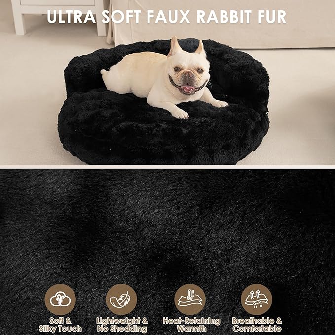 EHEYCIGA Soft Cat Couch Bed for Indoor Cats, Fluffy Small Dog Bed with Removable Washable Cover, Bolster Pet Sofa, Waterproof and Non-Slip, 26" x 26"x 8", Black
