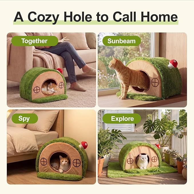 Cat House for Indoor Cats - Cute Cat Bed Cave, Tree Hole Cat Bed Tent for Kittens and Small Medium Pets with Removable Washable Cushion & Anti-Slip Bottom, Enclosed Kitten Bed Hideaway
