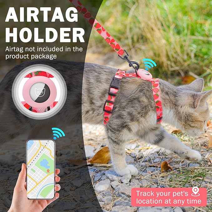 SCENEREAL Adjustable Cat Harness and Leash Set with AirTag Holder, Escape-Proof Design for Small to Large Cats, Lightweight Soft Travel Harness, Pink Strawberry