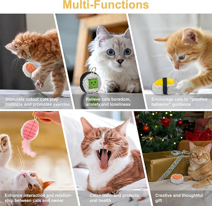 Sushi Cat Toy Set 5pcs Cute Soft Funny Sushi Plush Catnip Toys with Bell and Feathers Kitten Teething Chew Toys for Indoor Boredom Relief Interactive Cat Toys Teaser Wand Replacement Accessories